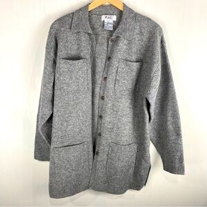JHC Longline 100%‎ Shetland Wool Button Up Down Cardigan Sweater Gray Size Large
